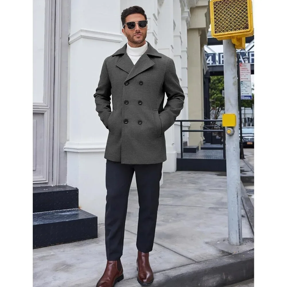 Men's Dark Grey Double Breasted Pea Coat Trench Coat Notched Collar Overcoat